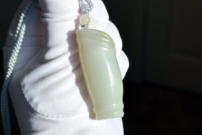 Certified Natural Qiemo Warm White Nephrite Jade Hand-Carved Bamboo Shoot Pendant, 天然且末白和田玉手工雕刻竹节吊坠