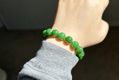 12mm, Certified Natural Untreated Green Nephrite Jade Beads Bracelet, 天然阳绿碧玉手串