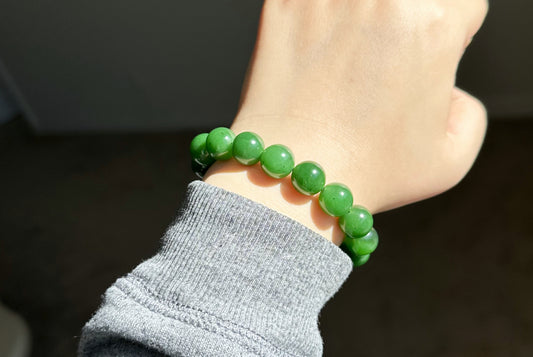 12mm, Certified Natural Untreated Green Nephrite Jade Beads Bracelet, 天然阳绿碧玉手串