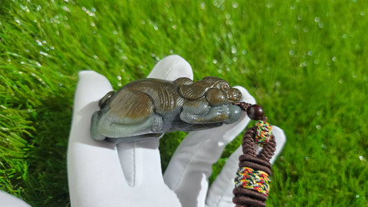 Certified Natural Loulan Nephrite Jade Hand-Carved Dog Handheld, 天然楼兰三色料手工雕刻狗手把件