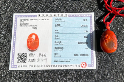 Certified Natural High Grade Untreated Nanhong Agate Hand Carved Lotus and Koi Fish Pendant, 天然无优化川火焰红俏柿子红南红手雕莲花鱼吊坠