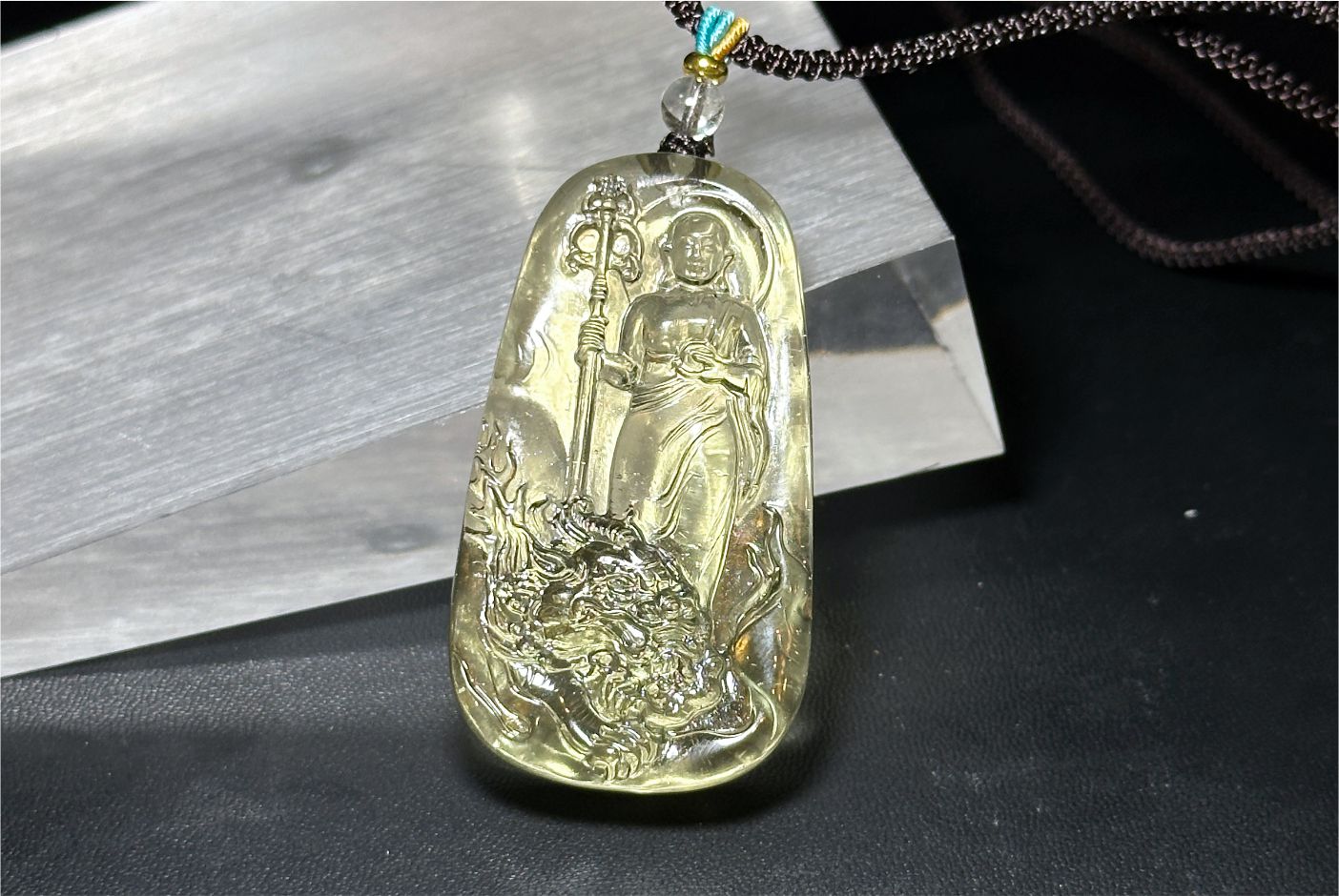 30.435 grams, Natural Top Grade High Clarity Authentic Libyan Desert Glass Tektite Carved Ksitigarbha Bodhisattva Pendant, 天然透体利比亚陨石雕刻地藏王菩萨吊坠