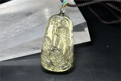 30.435 grams, Natural Top Grade High Clarity Authentic Libyan Desert Glass Tektite Carved Ksitigarbha Bodhisattva Pendant, 天然透体利比亚陨石雕刻地藏王菩萨吊坠