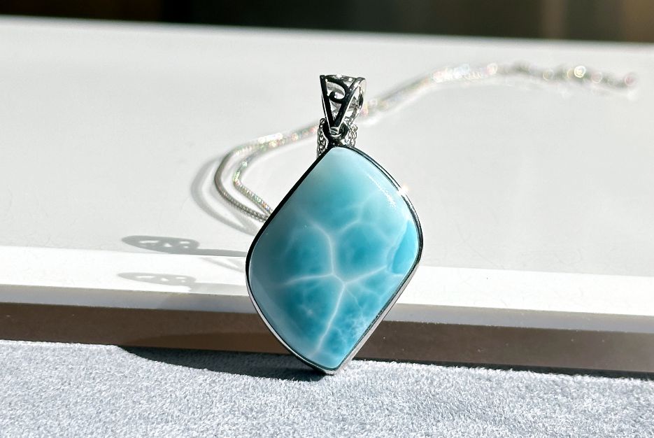 Certified Natural Dominican Blue Larimar pendant, Larimar Pendant, Silver Larimar Pendant, 海纹石纯银吊坠