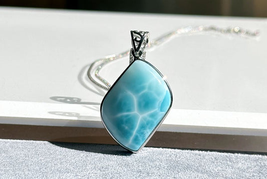 Certified Natural Dominican Blue Larimar pendant, Larimar Pendant, Silver Larimar Pendant, 海纹石纯银吊坠