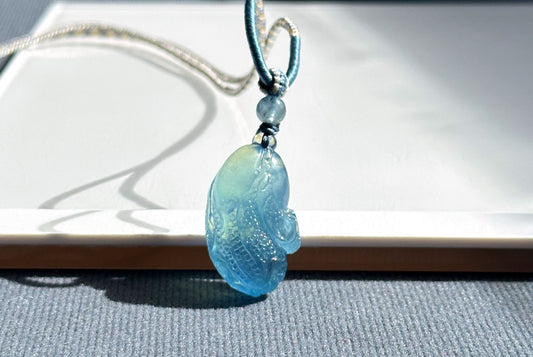 Certified Natural Blue Aquamarine Hand Carved Cabbage (Bok choy) Pendant, Aquamarine  Pendant, 天然海蓝宝手工雕刻白菜吊坠