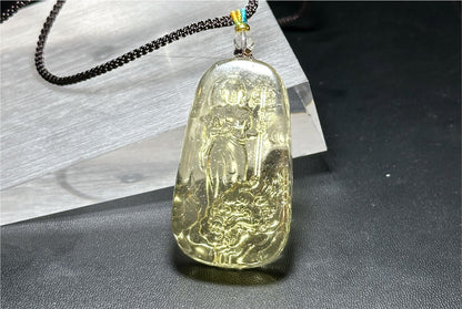 30.435 grams, Natural Top Grade High Clarity Authentic Libyan Desert Glass Tektite Carved Ksitigarbha Bodhisattva Pendant, 天然透体利比亚陨石雕刻地藏王菩萨吊坠