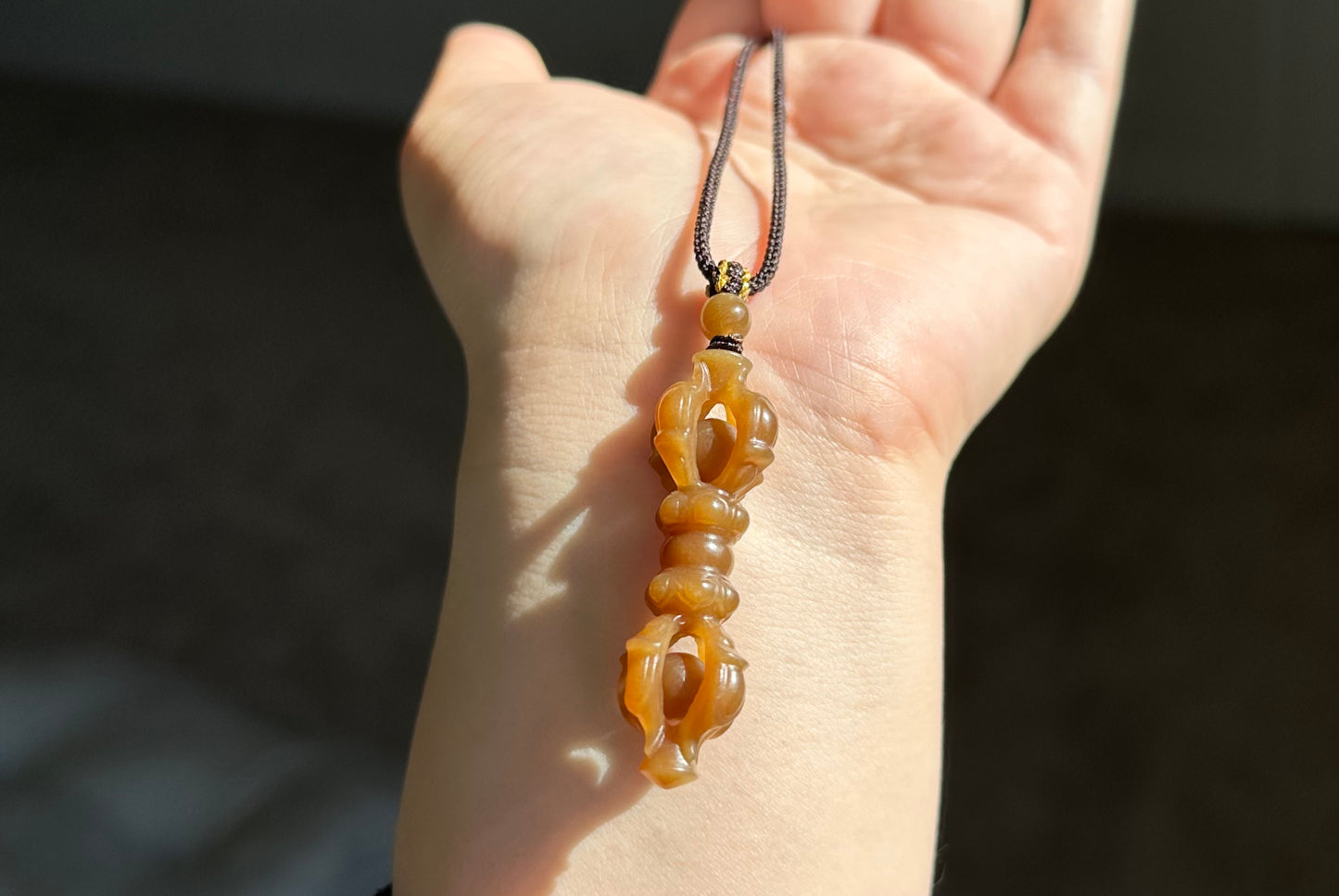 Certified Natural High Quality Sugar Brown Nephrite Jade Hand Carved Vajra Pestle Pendant, 天然且末糖玉手工雕刻降魔杵吊坠