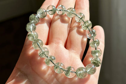 9.5mm, Certified High Grade Natural Undyed Green Phantom Quartz Bracelet, High Clarity Green Phantom Bracelet, 鬼佬财神天然绿幽灵手串