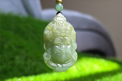 Certified Natural Lake-Green Nephrite Jade Carved Yellow Jambhala Pendant, 天然青海老料湖水绿雕刻黄财神头吊坠