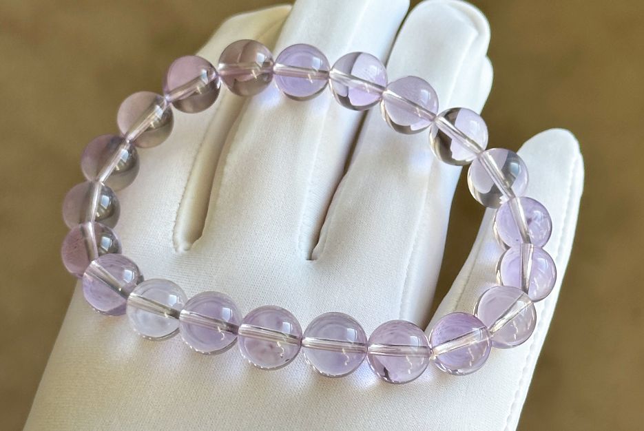 9.5mm+, Certified Top Grade Natural Lavender Moon Quartz Bracelet, Natural Lavender Quartz Bracelet, 高品级玻璃体薰衣草紫玉晶手串