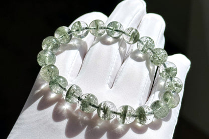 9.5mm, Certified High Grade Natural Undyed Green Phantom Quartz Bracelet, High Clarity Green Phantom Bracelet, 鬼佬财神天然绿幽灵手串