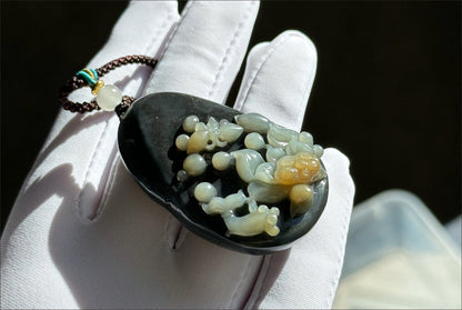 Certified Natural Loulan Tricolor Nephrite Jade Hand-Carved Lotus and Koi Fish Pendant, 天然楼兰三色和田玉手工雕刻莲花鱼吊坠