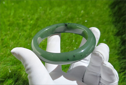 61mm, Certified Natural Siberian Spinach Green Nephrite Jade Bangle, 天然俄老油菠菜绿碧玉手镯