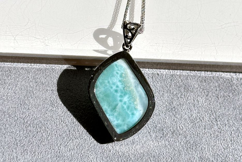 Certified Natural Dominican Blue Larimar pendant, Larimar Pendant, Silver Larimar Pendant, 海纹石纯银吊坠