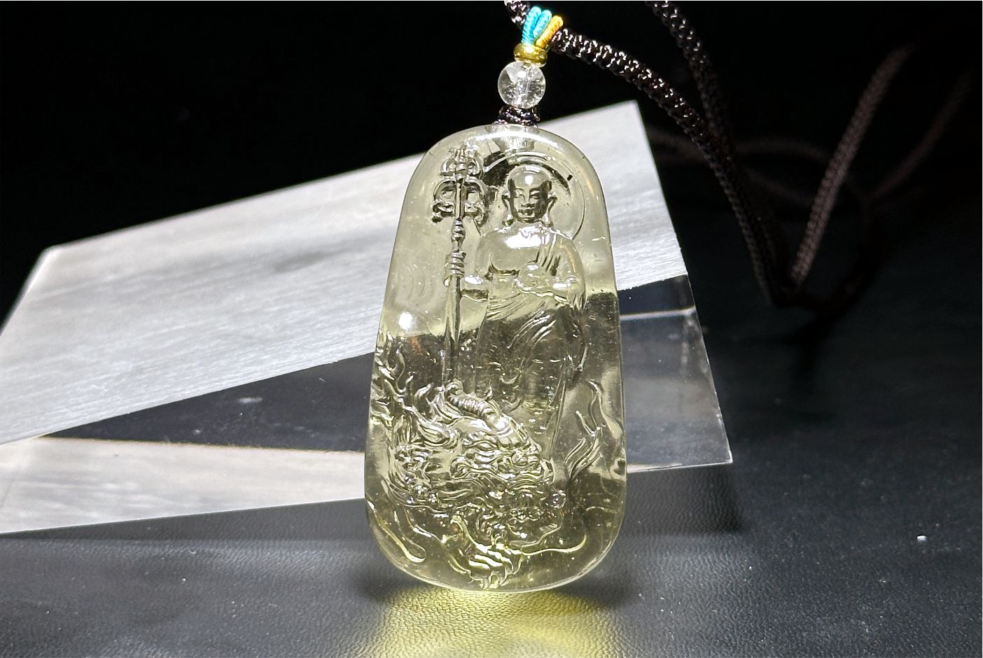 30.435 grams, Natural Top Grade High Clarity Authentic Libyan Desert Glass Tektite Carved Ksitigarbha Bodhisattva Pendant, 天然透体利比亚陨石雕刻地藏王菩萨吊坠