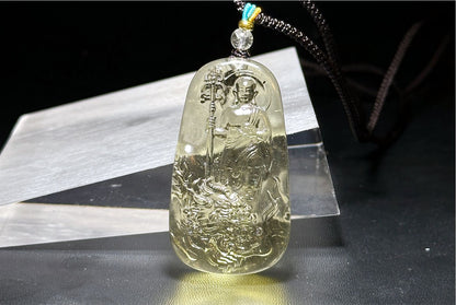 30.435 grams, Natural Top Grade High Clarity Authentic Libyan Desert Glass Tektite Carved Ksitigarbha Bodhisattva Pendant, 天然透体利比亚陨石雕刻地藏王菩萨吊坠