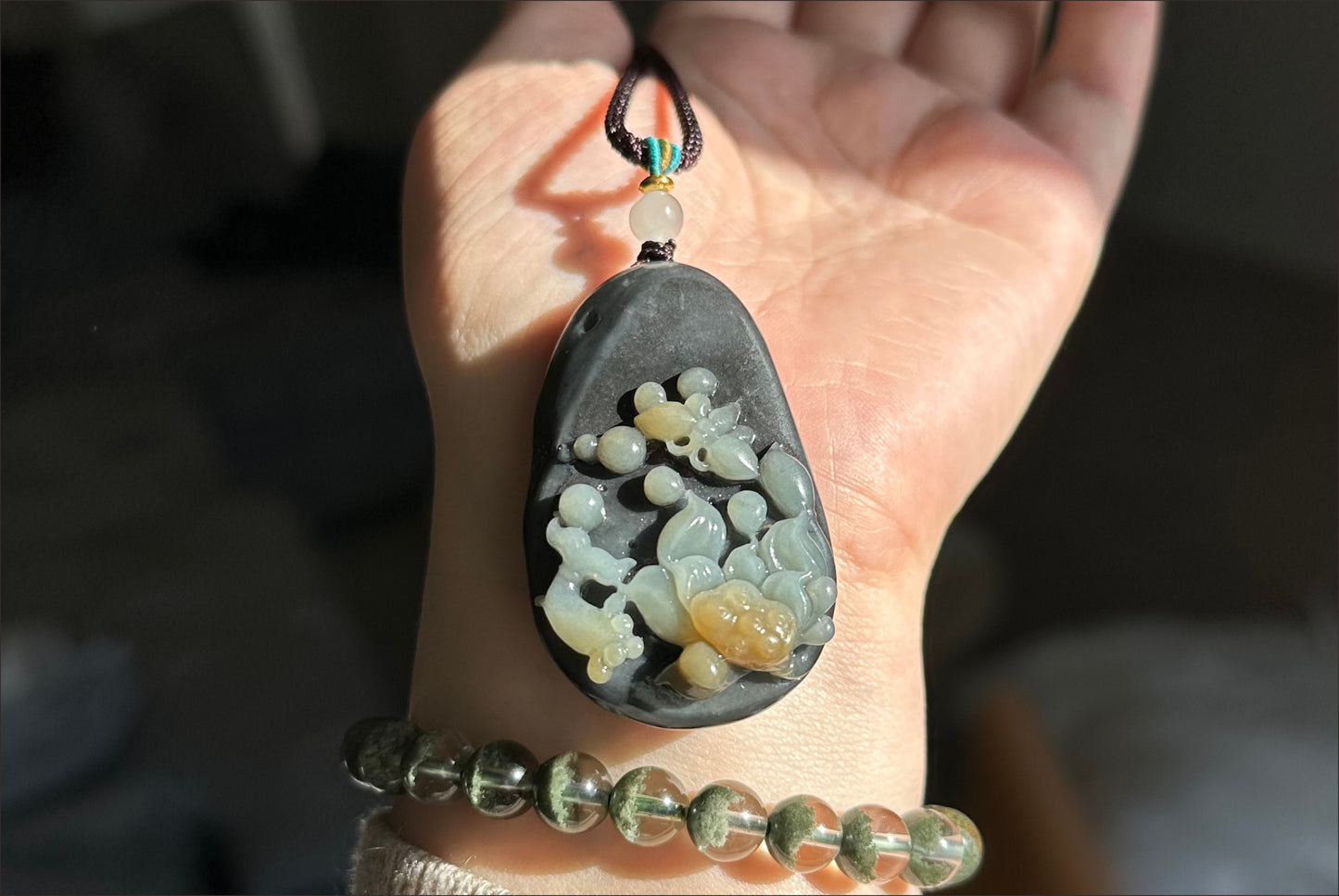 Certified Natural Loulan Tricolor Nephrite Jade Hand-Carved Lotus and Koi Fish Pendant, 天然楼兰三色和田玉手工雕刻莲花鱼吊坠