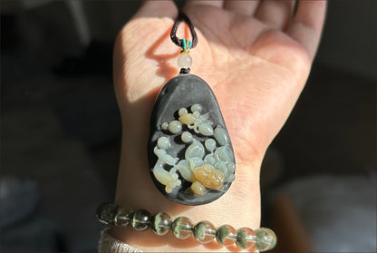 Certified Natural Loulan Tricolor Nephrite Jade Hand-Carved Lotus and Koi Fish Pendant, 天然楼兰三色和田玉手工雕刻莲花鱼吊坠