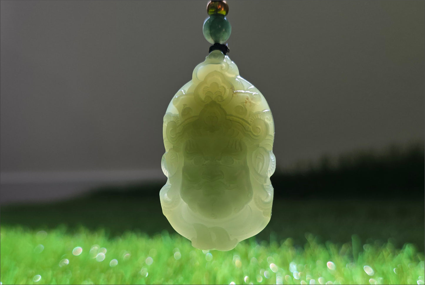 Certified Natural Lake-Green Nephrite Jade Carved Yellow Jambhala Pendant, 天然青海老料湖水绿雕刻黄财神头吊坠