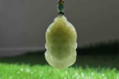 Certified Natural Lake-Green Nephrite Jade Carved Yellow Jambhala Pendant, 天然青海老料湖水绿雕刻黄财神头吊坠