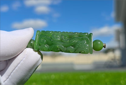 Certified Natural Vivid Green Nephrite Jade Carved triangular barrel-shaped Pendant，天然辣绿碧玉三角桶珠吊坠