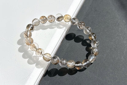8mm+, Certified Natural Cypress Tree Scenic Pyrolusite and Hematoid in Quartz bracelet, ”Small Money Tree“,天然玻璃体发财树/小树胶花/軟錳礦膠花水晶手串
