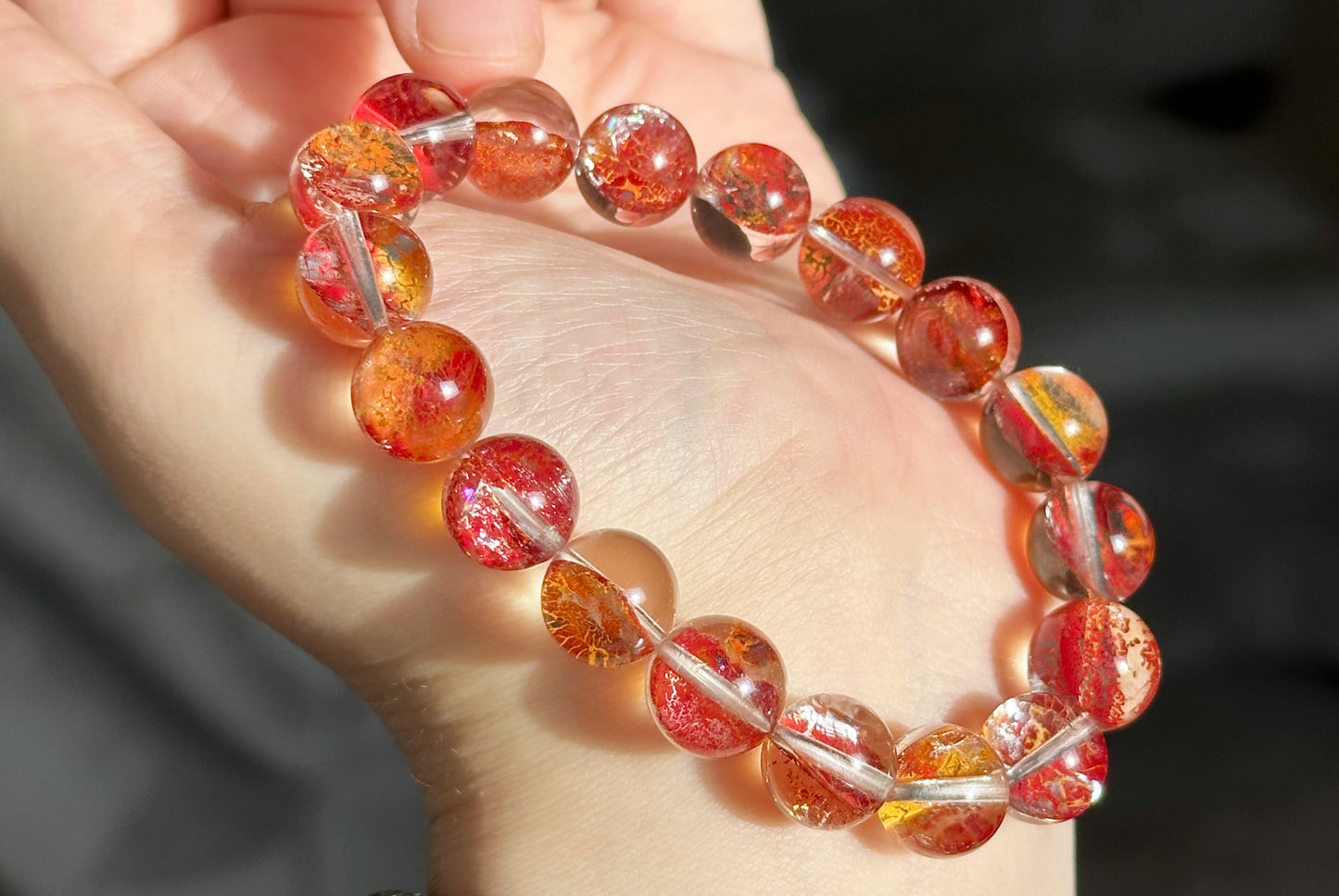11mm, Certified Natural Collection Grade Rare Koi Hematoid Quartz Crystal Bracelet, Natural Hematoid Crystal Bracelet, 天然稀有稀有麒麟锦鲤胶花水晶手串