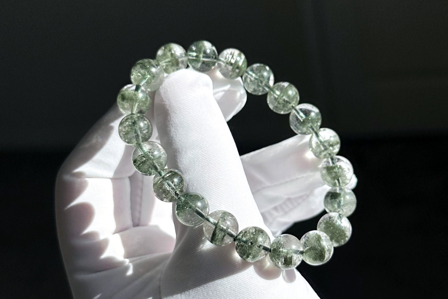 9.5mm, Certified High Grade Natural Undyed Green Phantom Quartz Bracelet, High Clarity Green Phantom Bracelet, 鬼佬财神天然绿幽灵手串