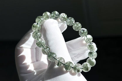 9.5mm, Certified High Grade Natural Undyed Green Phantom Quartz Bracelet, High Clarity Green Phantom Bracelet, 鬼佬财神天然绿幽灵手串
