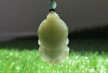 Certified Natural Lake-Green Nephrite Jade Carved Yellow Jambhala Pendant, 天然青海老料湖水绿雕刻黄财神头吊坠