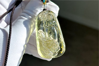 30.435 grams, Natural Top Grade High Clarity Authentic Libyan Desert Glass Tektite Carved Ksitigarbha Bodhisattva Pendant, 天然透体利比亚陨石雕刻地藏王菩萨吊坠