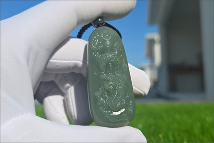 Certified Natural Qiemo Blue Nephrite Jade Carved Dragon Pillar Pendant, 天然且末蓝龙盘柱吊坠