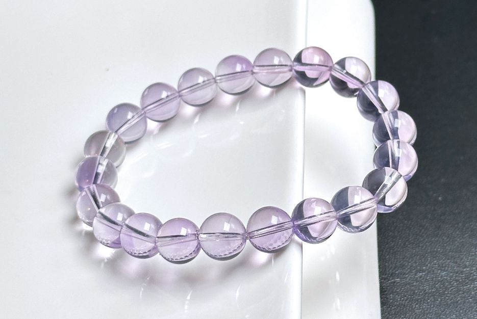 9.5mm+, Certified Top Grade Natural Lavender Moon Quartz Bracelet, Natural Lavender Quartz Bracelet, 高品级玻璃体薰衣草紫玉晶手串