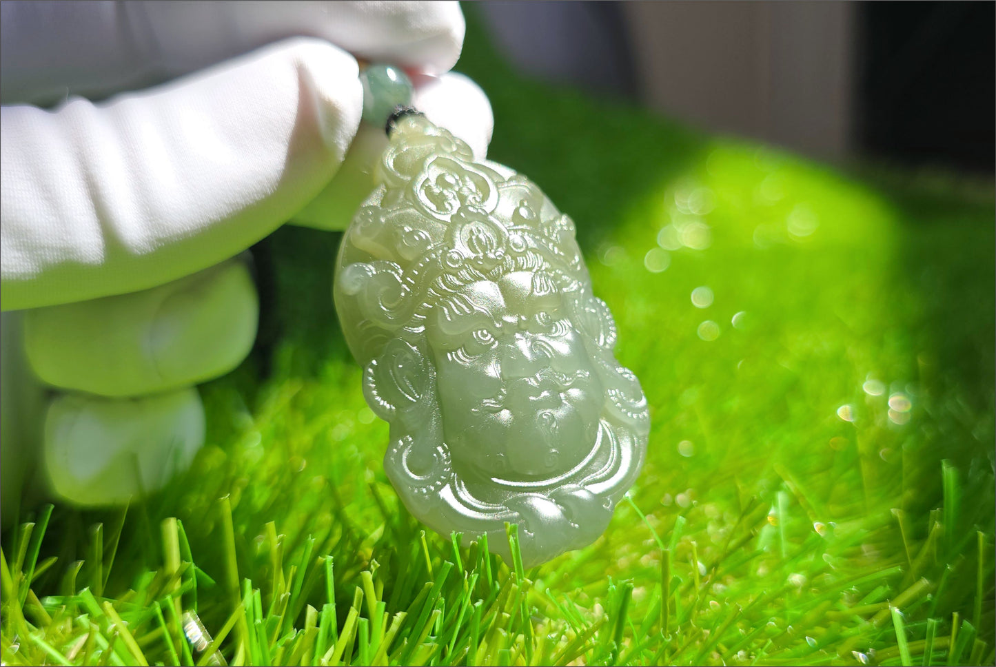 Certified Natural Lake-Green Nephrite Jade Carved Yellow Jambhala Pendant, 天然青海老料湖水绿雕刻黄财神头吊坠