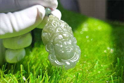 Certified Natural Lake-Green Nephrite Jade Carved Yellow Jambhala Pendant, 天然青海老料湖水绿雕刻黄财神头吊坠