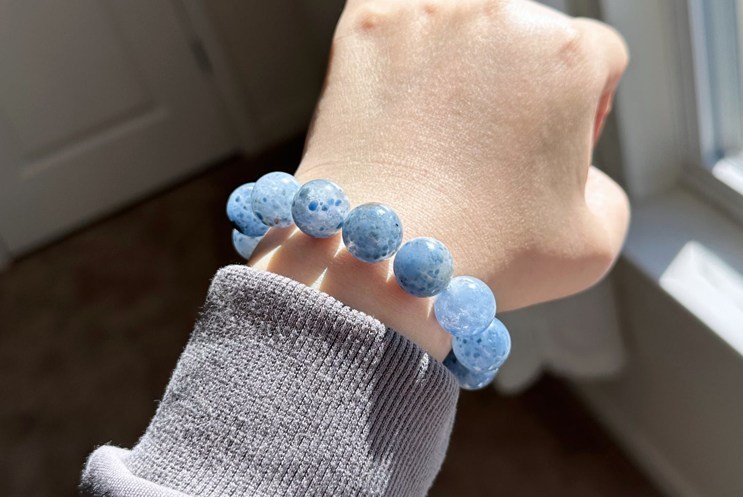 14mm+, Certified Collection Grade Natural Blue Rabbit Hair Quartz Bracelet, Blue Rabbit Hair Rutile Quartz Bracelet, 天然收藏级蓝兔毛团子手串