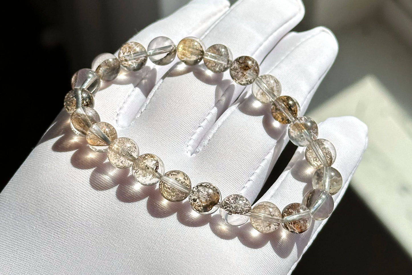 8mm+, Certified Natural Cypress Tree Scenic Pyrolusite and Hematoid in Quartz bracelet, ”Small Money Tree“,天然玻璃体发财树/小树胶花/軟錳礦膠花水晶手串