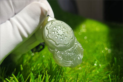Certified Natural Lake-Green Nephrite Jade Carved Yellow Jambhala Pendant, 天然青海老料湖水绿雕刻黄财神头吊坠