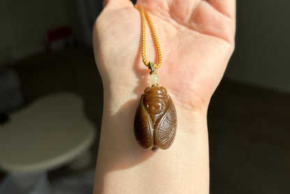 Certified Natural Full Brown Sugar Nephrite Jade Hand-Carved Cicada Pendant, 天然且末糖手工雕刻一鸣惊人(蝉)吊坠