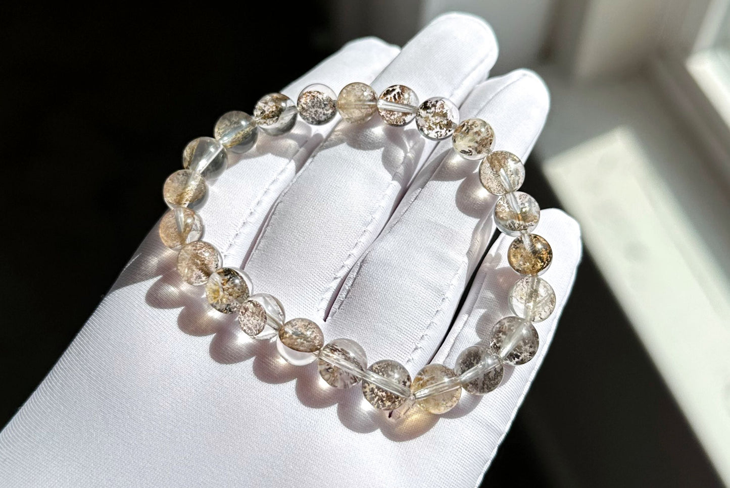 8mm+, Certified Natural Cypress Tree Scenic Pyrolusite and Hematoid in Quartz bracelet, ”Small Money Tree“,天然玻璃体发财树/小树胶花/軟錳礦膠花水晶手串