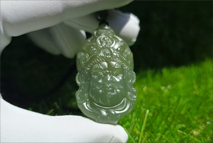 Certified Natural Lake-Green Nephrite Jade Carved Yellow Jambhala Pendant, 天然青海老料湖水绿雕刻黄财神头吊坠