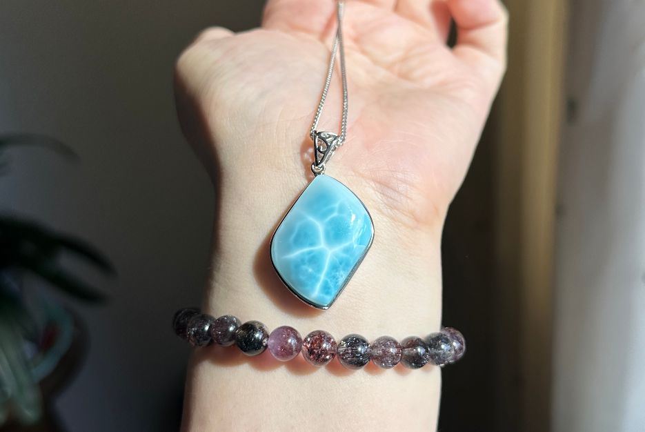 Certified Natural Dominican Blue Larimar pendant, Larimar Pendant, Silver Larimar Pendant, 海纹石纯银吊坠