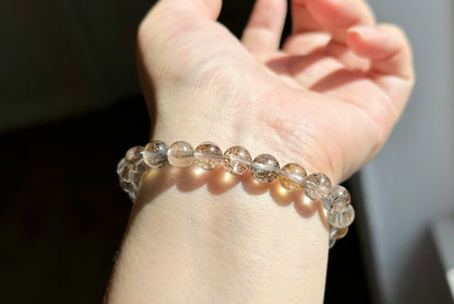 8mm+, Certified Natural Cypress Tree Scenic Pyrolusite and Hematoid in Quartz bracelet, ”Small Money Tree“,天然玻璃体发财树/小树胶花/軟錳礦膠花水晶手串