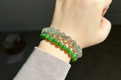 9.5mm, Certified High Grade Natural Undyed Green Phantom Quartz Bracelet, High Clarity Green Phantom Bracelet, 鬼佬财神天然绿幽灵手串