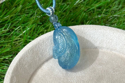 Certified Natural Blue Aquamarine Hand Carved Cabbage (Bok choy) Pendant, Aquamarine  Pendant, 天然海蓝宝手工雕刻白菜吊坠