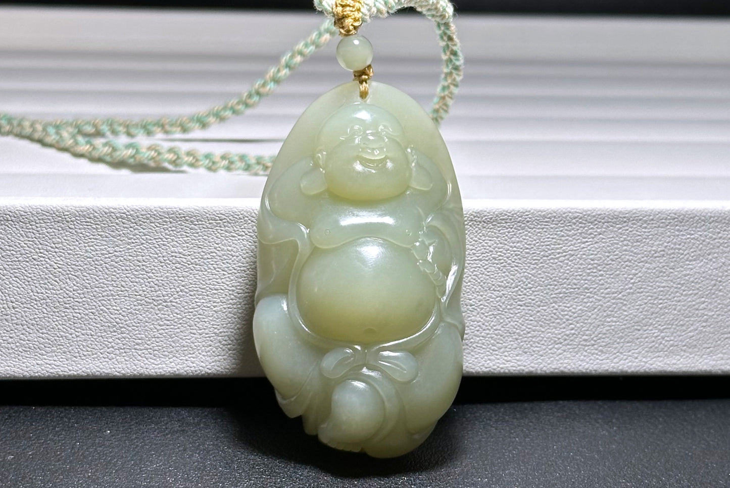 Big 73Grams, Certified Natural Untreated Warm White Nephrite Jade Hand-Carved Maitreya Buddha Pendant, 天然且末和田玉手工雕刻弥勒佛