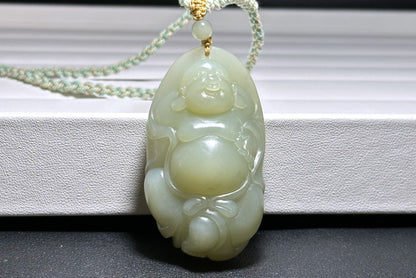 Big 73Grams, Certified Natural Untreated Warm White Nephrite Jade Hand-Carved Maitreya Buddha Pendant, 天然且末和田玉手工雕刻弥勒佛