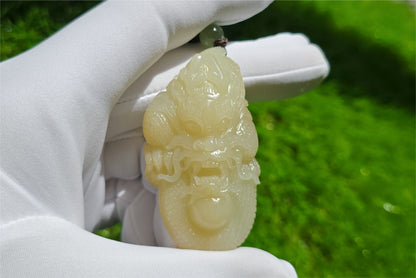 Certified Natural Ruoqiang yellow nephrite jade hand-carved dragon pendant, 天然若羌黄口和田玉手工雕刻龙吊住