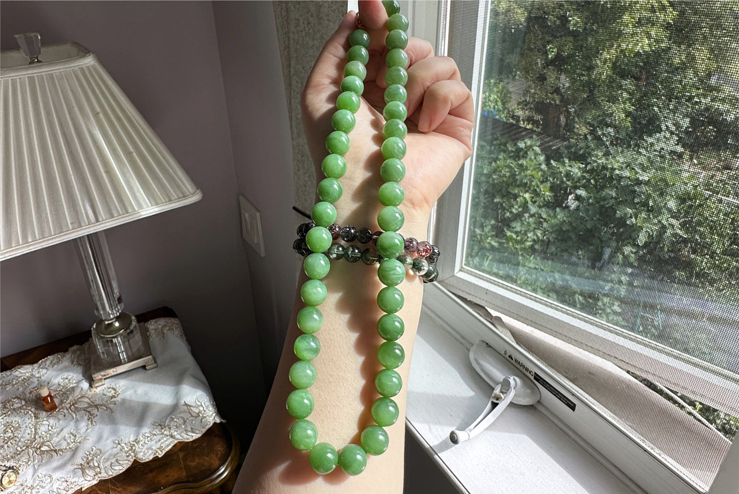 12mm, Certified Natural Powder Green Nephrite Jade Bead Necklace, 天然俄料7号矿色标粉绿项链